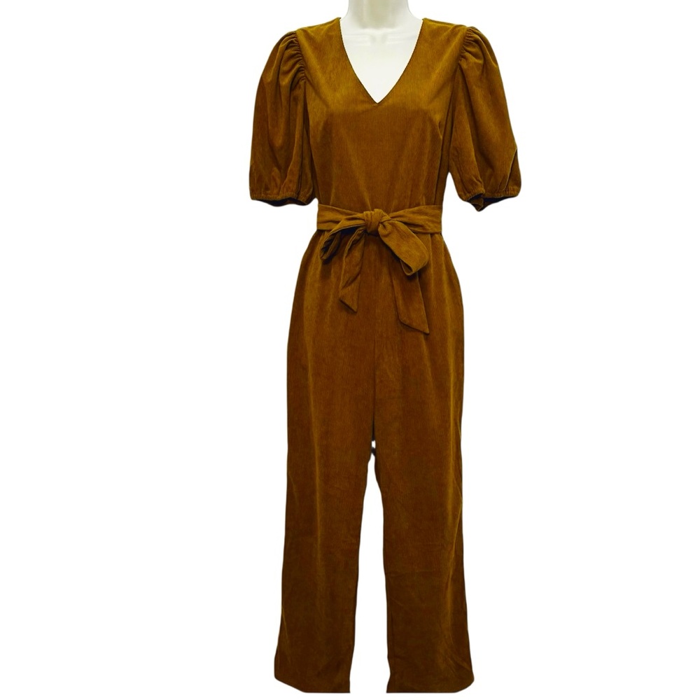 Jacqie The Label Brown Corduroy Short Puff Sleeves Jumpsuit NWTS Size Small